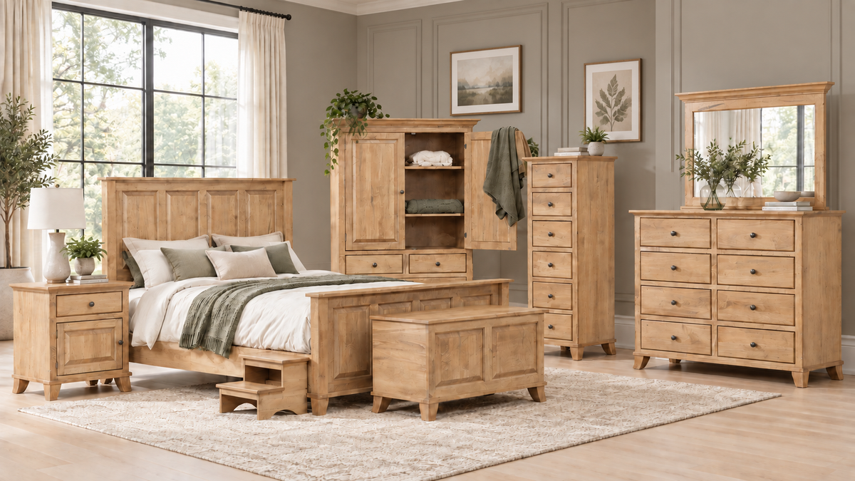 Bourbon bedroom collection — solid maple bed, armoire and dresser