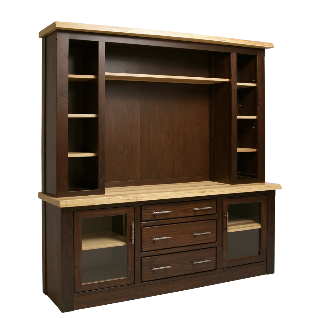 Wooden entertainment center with shelves and drawers on a neutral background